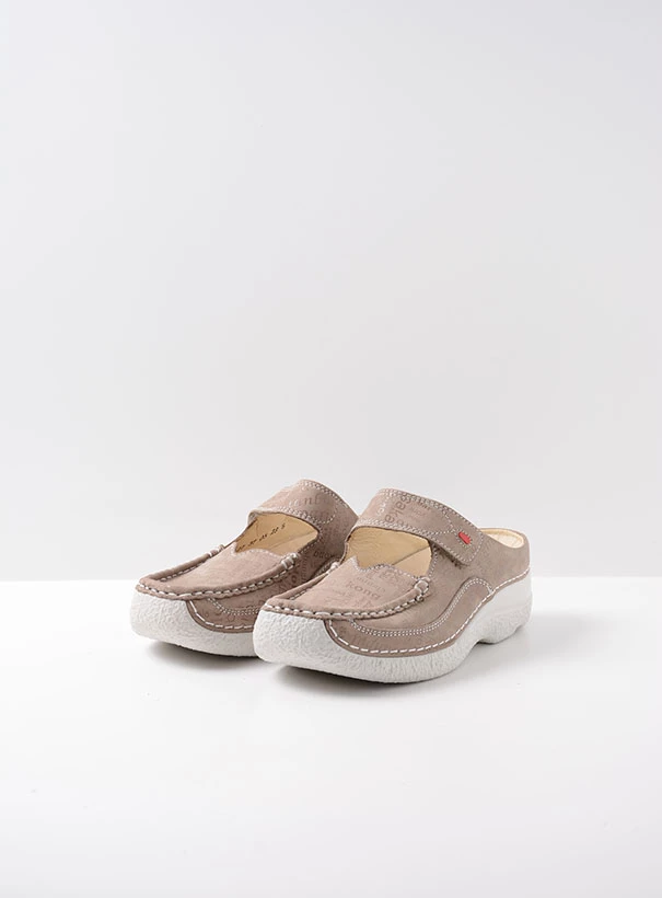 wolky extra comfort 06227 roll slipper 14157 taupe letter nubuck front